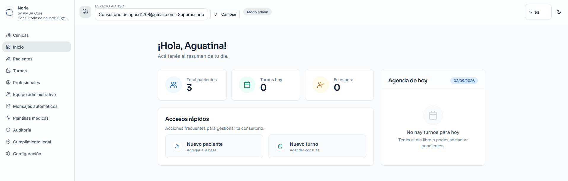 Dashboard real de Noria con resumen del día, agenda y accesos rápidos.