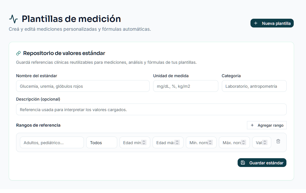 Pantalla real de plantillas de medición y repositorio de valores estándar.